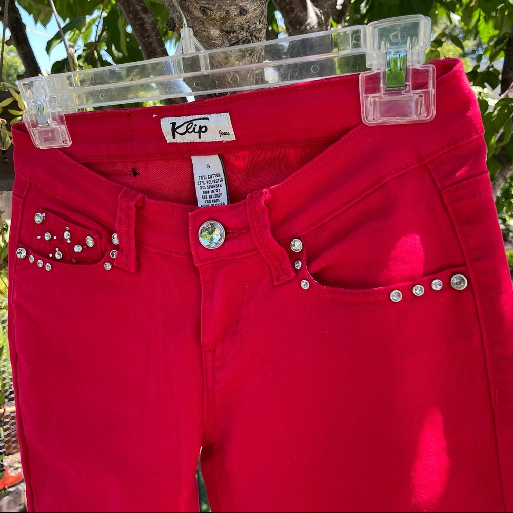 Klip | Vintage Y2K Red Embroidered Beaded Pocket Low Rise Skinny Jeans